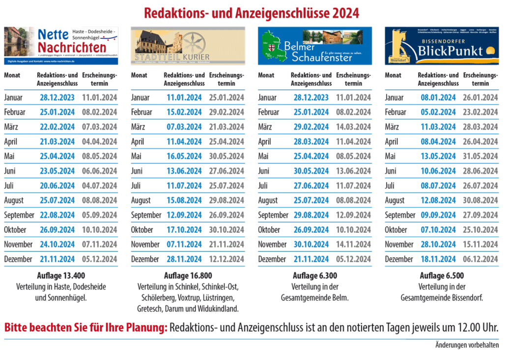 Erscheinungstermine 2024:Nette Nachrichten, Stadtteil Kurzier, Belmer Schaufenster, Bissendorfer Blickpunkt